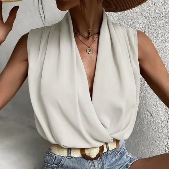 Luxe Satin Overlap Wrap Sleeveless Work Office Top - Picture 3 of 9